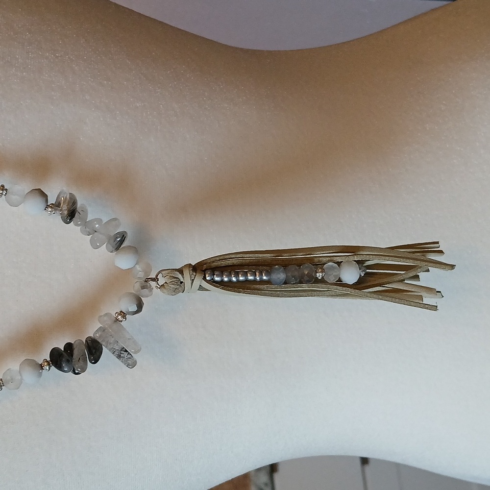 Beaded Crystal Leather Necklace Boho Tassel Silver Grey White